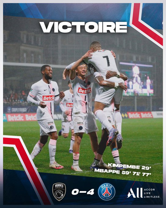 法国杯-姆巴佩2场5球 巴黎客场4-0大胜晋级16强