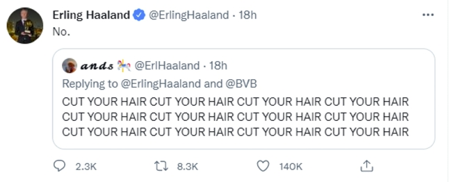女球迷要求哈兰德剪短头发 他用一个字霸气回应